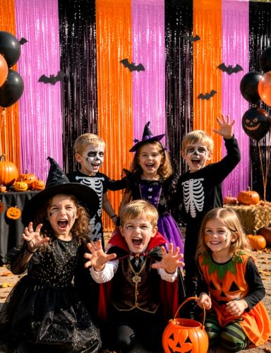 Halloween Tinsel Fringe Curtain Backdrop Decorations - Orange, Purple & Black, Reusable Party Decor