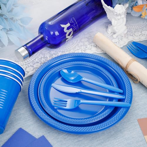 Blue Disposable Party Plates Set for 50 People - 9-inch Dinner & 7-inch Dessert Plates, Cups & Cutlery - Blue Variation