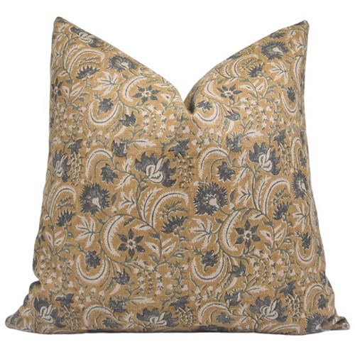 Mustard Block Print Linen Pillow Cover 16x16 Throw Cushion with Zipper