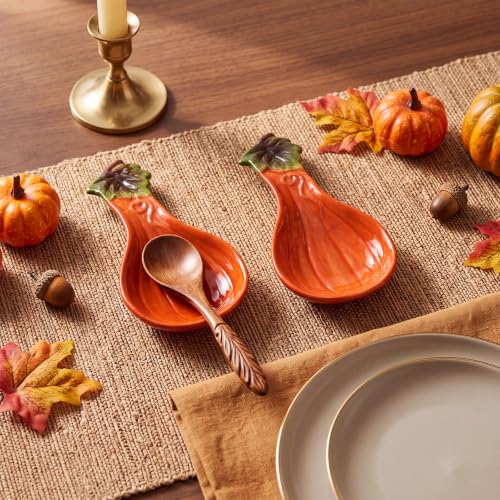 Pumpkin Spoon Rest Set - Orange Ceramic Fall Kitchen Decor, 5.9 Inch