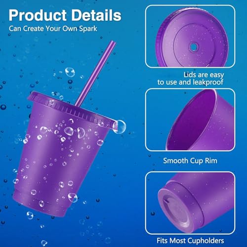 Reusable Plastic Cups with Lids and Straws - 16 oz Purple Glitter Set of 30