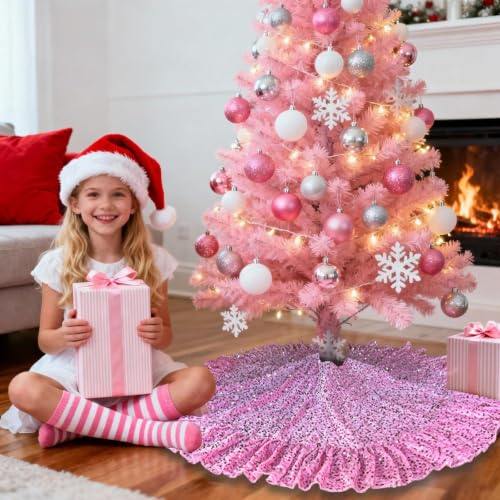 Pink Tree Skirt 45 Inch Ruffled Christmas Tree Skirt with Sequin Accents - Pink / 45 Inch
