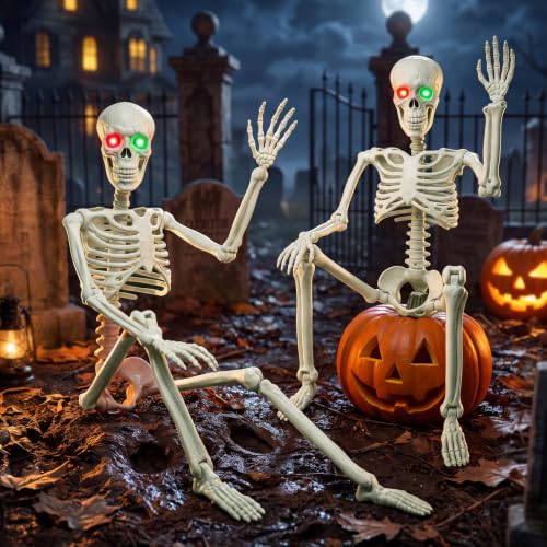White 2 Pack 36-inch Halloween Skeleton Decorations with Luminescent Eyes — Hanging Skull Props for Indoor Decor