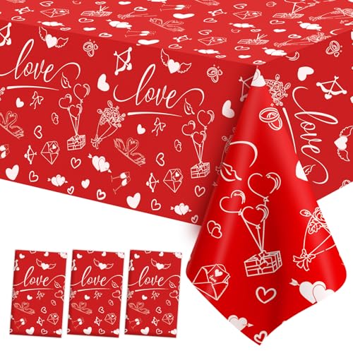 Red Valentines Day Tablecloth 3 Pack - Large Disposable Heart Love Table Cover