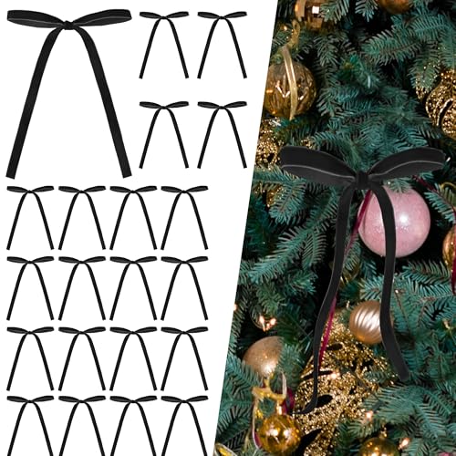 Christmas Velvet Bow Set - Black, 24 Pcs Small Holiday Wreath & Gift Wrap Decorations
