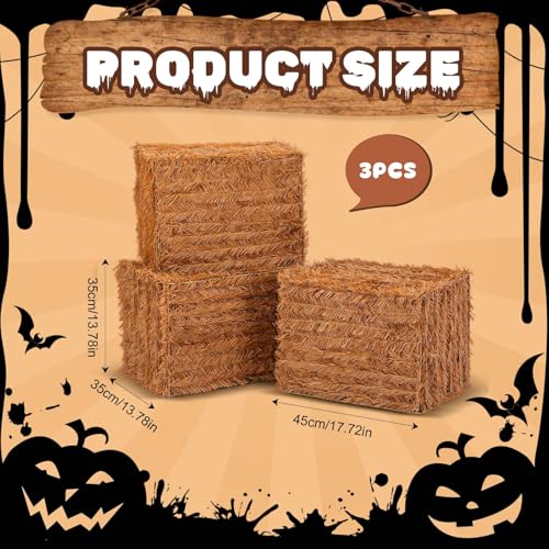 3 Pack Halloween Decorative Straw Bales - 18 x 14 x 14 Inch Rustic Fall Hay Sets