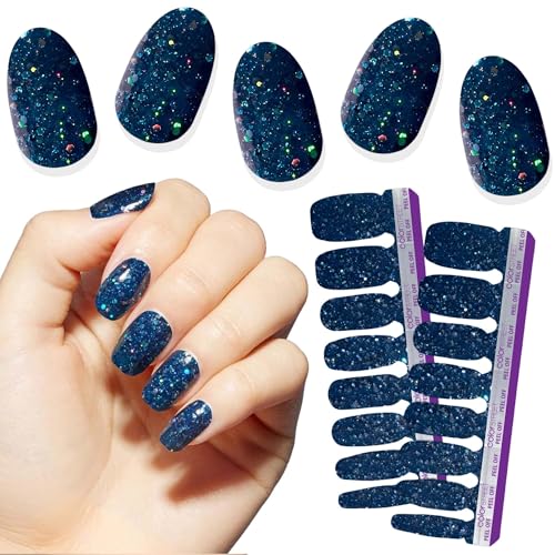 Nail Strips - Oceans Apart Dark Navy Glitter Design - 16 Double-Ended Gel Polish