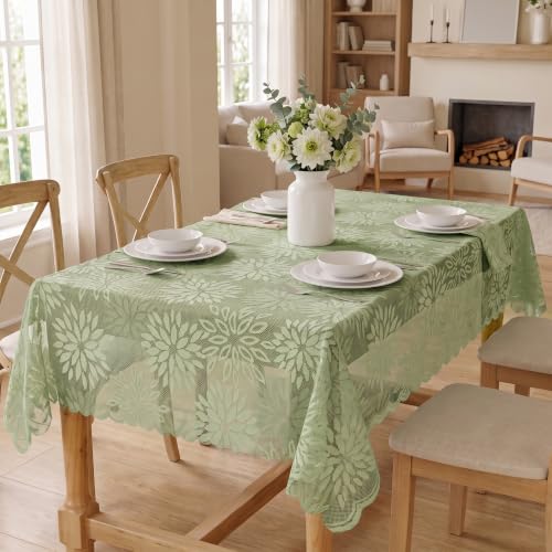 Green Lace Dahlia Tablecloth 60x84 Inch Rectangular - Durable Polyester Home Decor