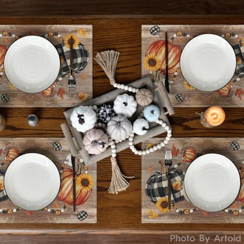 Wood Pumpkins Sunflowers Fall Placemats Set of 4 - 12 x 18 Inches Rectangular