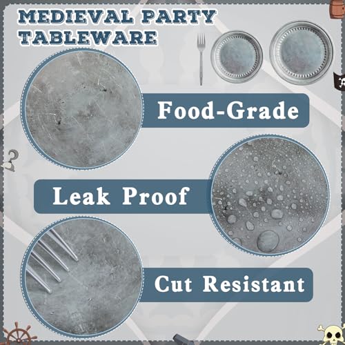 Medieval Party Supplies Set - Pewter Silver Plates & Plastic Forks, Retro Style, Serves 60