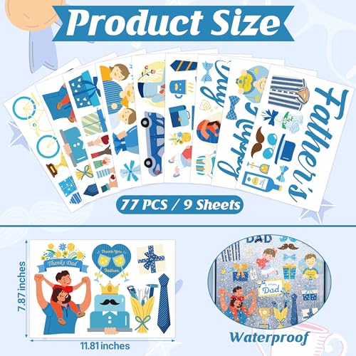 Father's Day Window Clings - Blue Double-Sided Decorations, 77PCS Gift Set