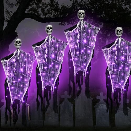 4 Pack 3 Ft Purple Light Hanging Ghost Decorations - Outdoor & Indoor Halloween Ghosts