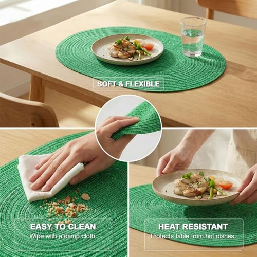 Oval Woven Placemats Set of 8 - Green Shine Braided Dining Table Mats