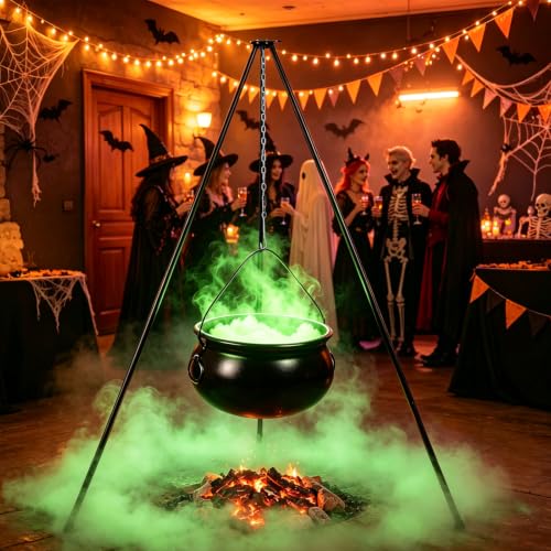 Large Outdoor Halloween Cauldron with 52-Inch Tripod Stand and Green Light Effect