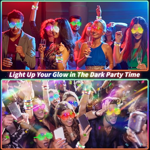LED Glasses and Bracelets Party Supplies - 120 Pcs Neon Glow in the Dark Set - Kid & Adult Rave Birthday Halloween Wedding