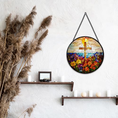 Cross Flower Suncatcher Stained Glass Window Hanging - Religious Wall Art Decor, 7.9 Inch, Color02