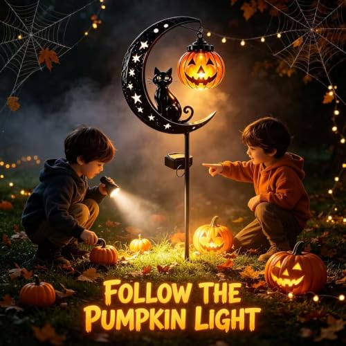 Solar Black Cat Pumpkin Moon Garden Stake Light Set - Outdoor Halloween Decor - Variation A