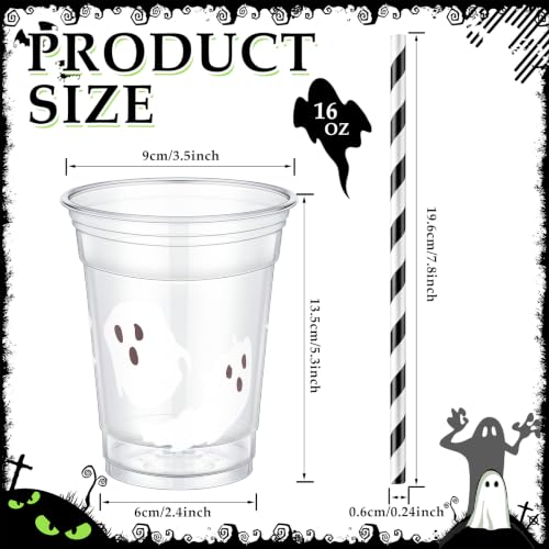 Halloween Ghost Latte Plastic Cups Set - 50 Count 16 oz with Lids & Straws - Black & White / Ghost & White