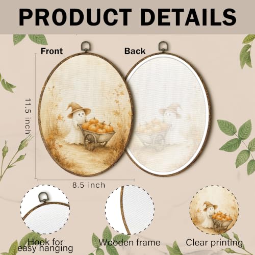 Halloween Ghost Oval Wall Art - Rustic Fall Witchy Pumpkin Canvas Decor - Variation: Ghost 2