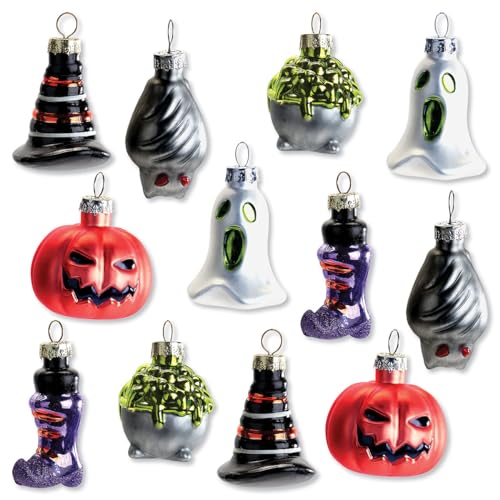Halloween Glass Ornaments Set - 12 Hand Painted Holiday Decorations, Witch, Ghost & Jack O Lantern - Variation of THIS listing