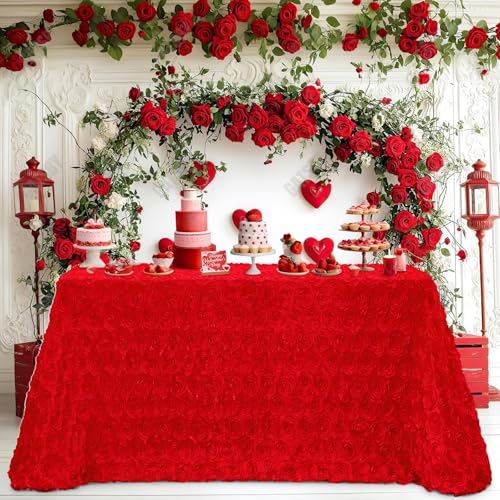 Red 90x156 Inch Satin Rosette Tablecloth - Floral Wedding Event Decor