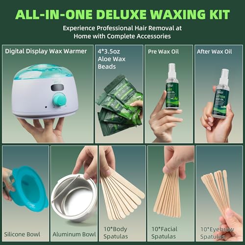 Vennco All-in-One Waxing Kit with Digital Warmer & Aloe Beads - Men & Women, Write Variation