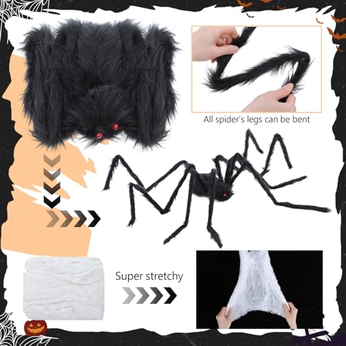 Halloween Giant Black Plush Spiders Set with Cobwebs and Small Plastic Spiders - Outdoor Yard Decorations