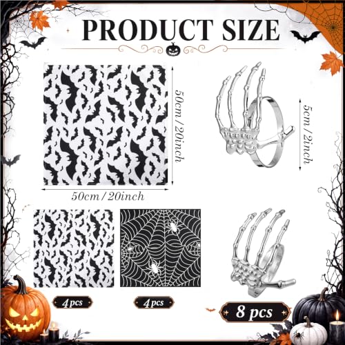 Halloween Cloth Napkins & Skeleton Claw Napkin Rings Set - Spider Web Black & White Variation