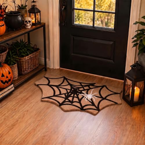 Halloween Spider Web Doormat Bat Shaped Faux Coir Welcome Mat - Indoor Outdoor