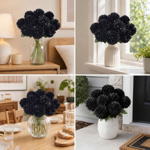 Black Artificial Chrysanthemum Flowers Ball Set - 12 Faux Flowers for Decor