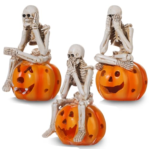 Halloween Skeleton Statue Set - See No Evil, Hear No Evil, Speak No Evil Sitting on Pumpkin