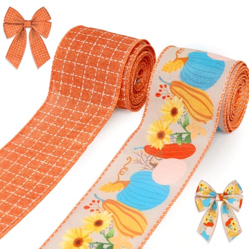 Vegetable & Buffalo Plaid Fall Ribbon Set - 2 Rolls, 5 Yards Each, Orange Burlap Wired Edges for Gift Wrap & Decorations
