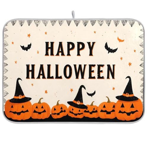 Halloween Pumpkin Witch Hat Dish Drying Mat 16x18 Absorbent Kitchen Protector - Halloween#03