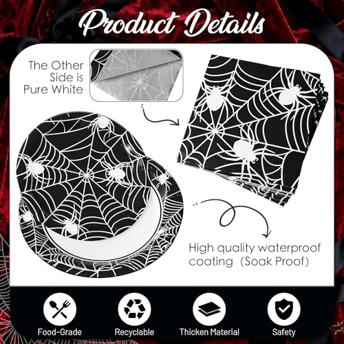 Black Spider Web Party Plates & Napkins Set for 25 Guests - 75 Pieces