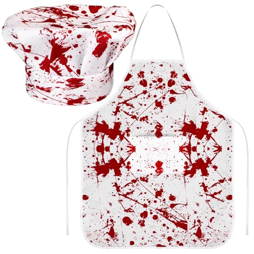 Halloween Bloody Chef Apron & Hat Set - White, Red Bloody Style, 2 Pieces