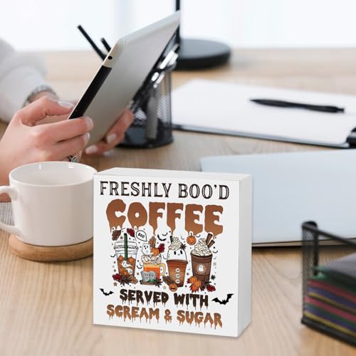 Halloween Coffee Bar Sign Wooden Decor - Ghost & Fall Theme, Indoor Kitchen Accent