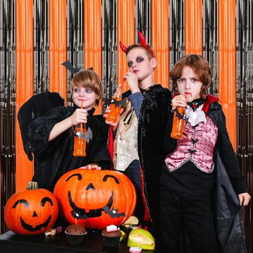 Black and Orange Party Streamers 3 Pack - Foil Fringe Curtains for Halloween & Holiday Decorations