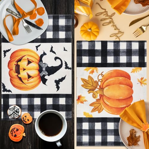Halloween Placemats Set of 4 - Double Sided Buffalo Plaid Pumpkin Design, 12x18 Inches - Pumpkin Variation