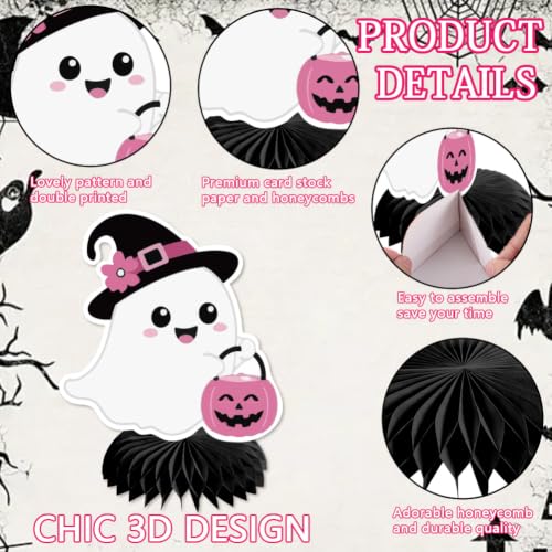 Halloween Honeycomb Table Centerpieces Set - Black Pink Pumpkin Ghost Spider Bat Pattern - PRESSINART, 12 Pcs
