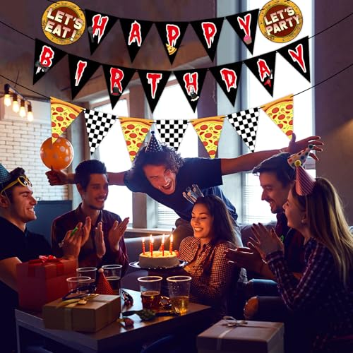 Horror Game Birthday Banner Set - Spooky Checkered Pizza Theme Party Flags