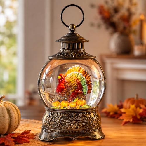 Fall Snow Globe Lantern - 10'' Thanksgiving Water Globe with Turkey in Pumpkin - Autumn Decor