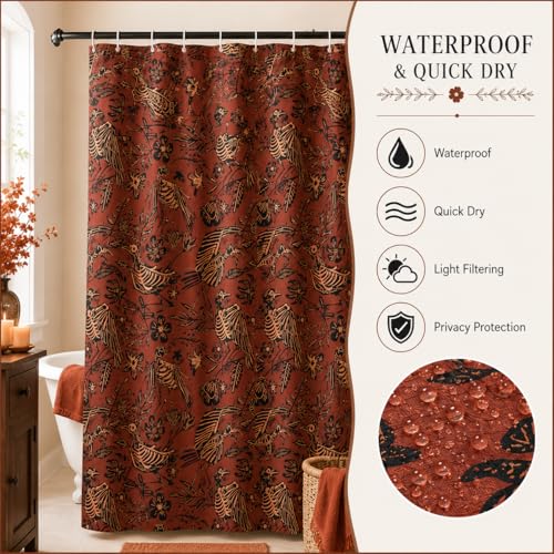 Gothic Bird Skeleton Shower Curtain with Hooks - Halloween Bathroom Decor