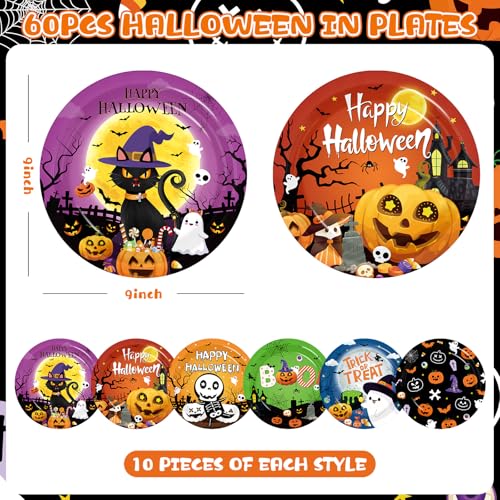 Halloween Paper Plates 9 Inch 60 Pack - Trick or Treat Boo Pumpkin Black Cat Spider