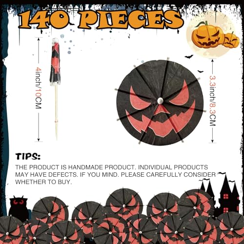 Halloween Pumpkin Cocktail Picks - Red-Black Spooky Drink Stirrers, Party Decor, 140 Pack