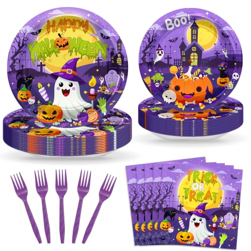 Halloween Party Plates and Napkins Set - Disposable Pumpkin Ghost Theme - 96pcs