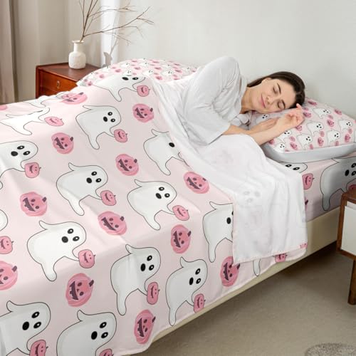 Pearl Pink Happy Halloween Kids Bed Sheets Set Twin Size with Fitted & Flat Sheets