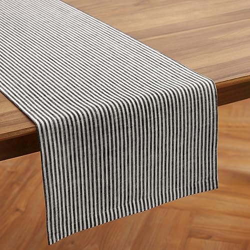 Pure Linen Table Runner 14x108 Inches - Black & White Narrow Stripe — Handcrafted, Elegant Dining Decor