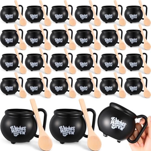 48 Pcs Cauldron Mug Set with Spoons - Double-Sided Print, Black Halloween Theme