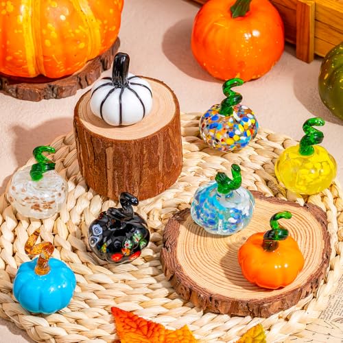 8 Pcs Hand Blown Glass Pumpkin Decorations - Mini Halloween Fall Decor Variation 8
