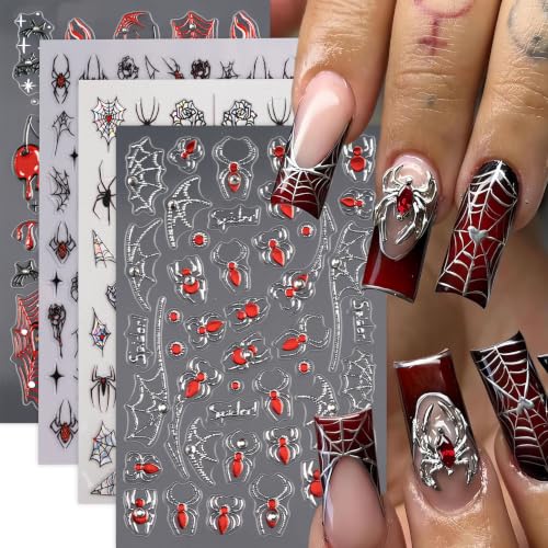 Halloween Nail Stickers 4 Pack 5D Self-Adhesive Spider Web Decals with Rhinestones Style11